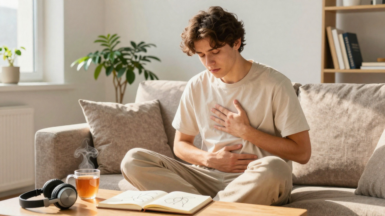 Jovem sentado no sofá com expressão de dor, segurando o peito e a barriga, ao lado de chá e fones de ouvido.
