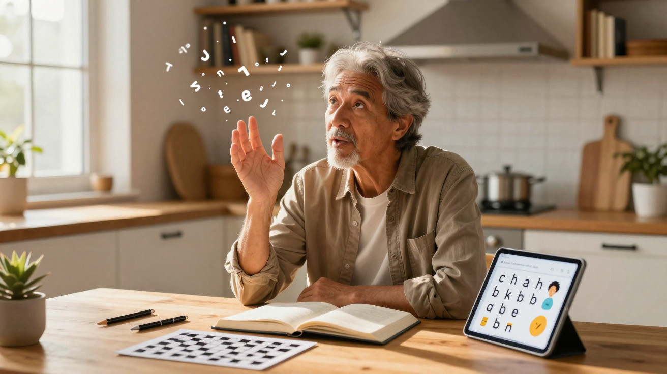 Homem sénior numa cozinha a praticar exercícios de leitura com livro e tablet com letras e símbolos.