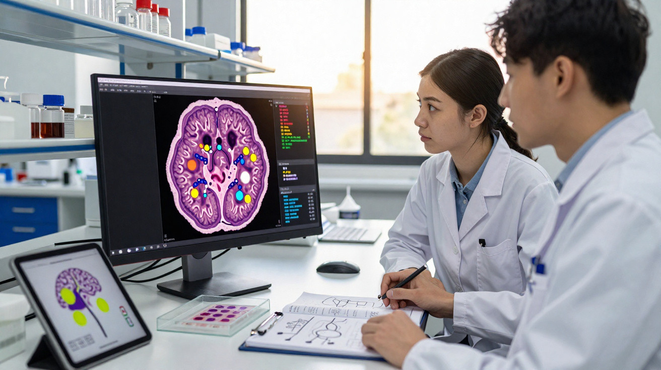 Dois cientistas em laboratório a analisar imagens digitais do cérebro num computador e tablet.