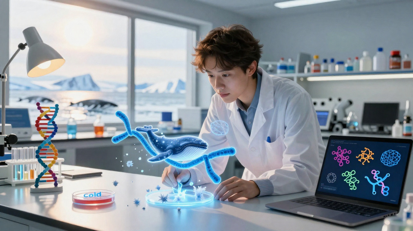 Cientista numa banca de laboratório a estudar hologramas de vírus e moléculas numa sala moderna.