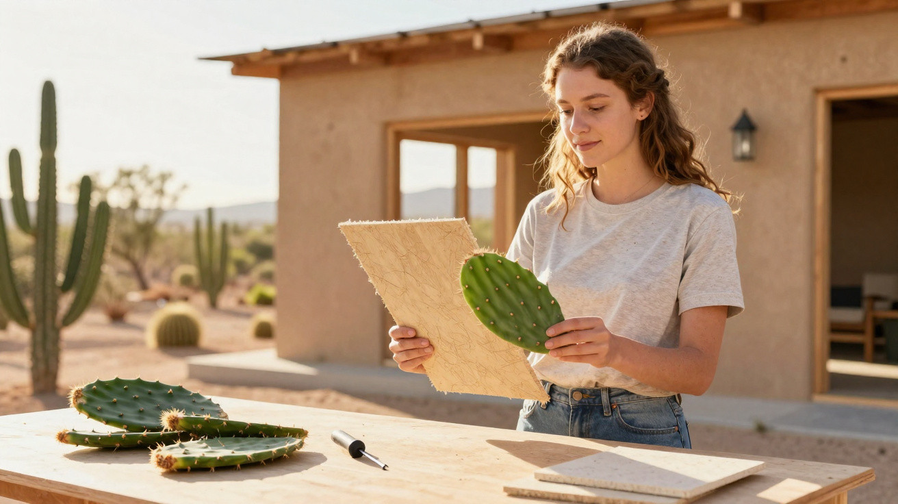 Mulher a criar papel artesanal com cactus num ambiente exterior seco e soalheiro, com casa ao fundo.
