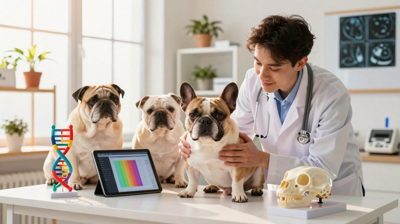 Veterinário com jaleco examina cão com dois cães ao lado e modelo de DNA e crânio na mesa iluminada.