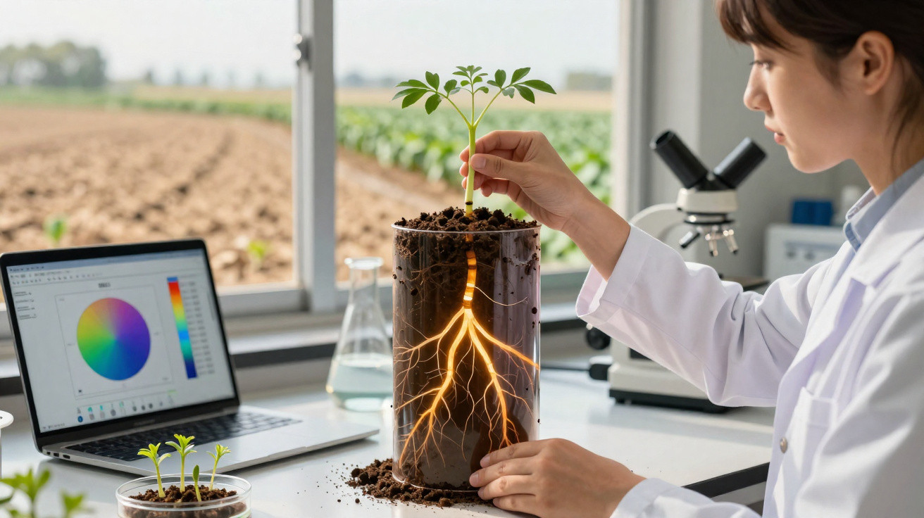 Cientista a examinar planta em frasco transparente que mostra raízes iluminadas numa sala de laboratório.