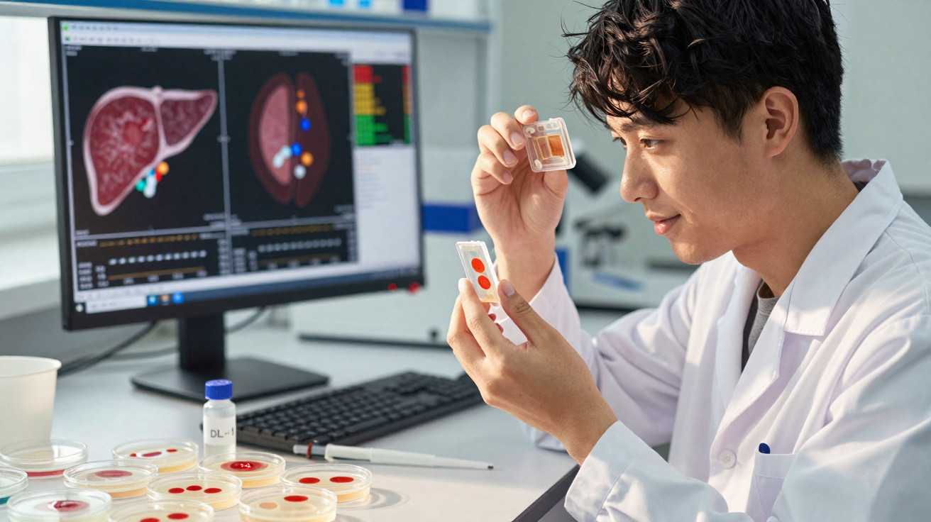 Cientista em laboratório analisa amostras enquanto imagens de órgãos são exibidas no ecrã do computador.