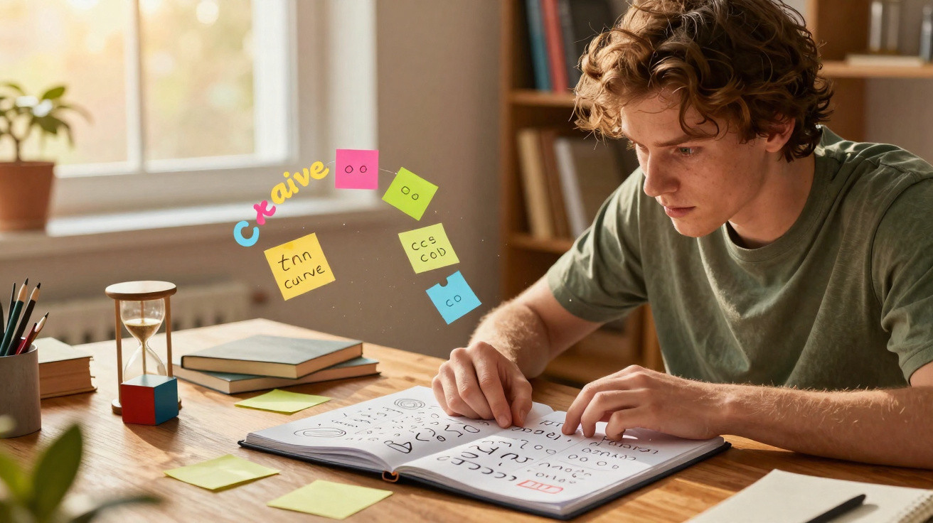 Jovem concentrado a estudar com livro aberto e notas coloridas numa mesa iluminada pela luz natural.