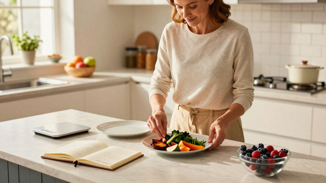 Mulher a preparar um prato com legumes numa cozinha moderna e luminosa, com frutas e caderno na bancada.