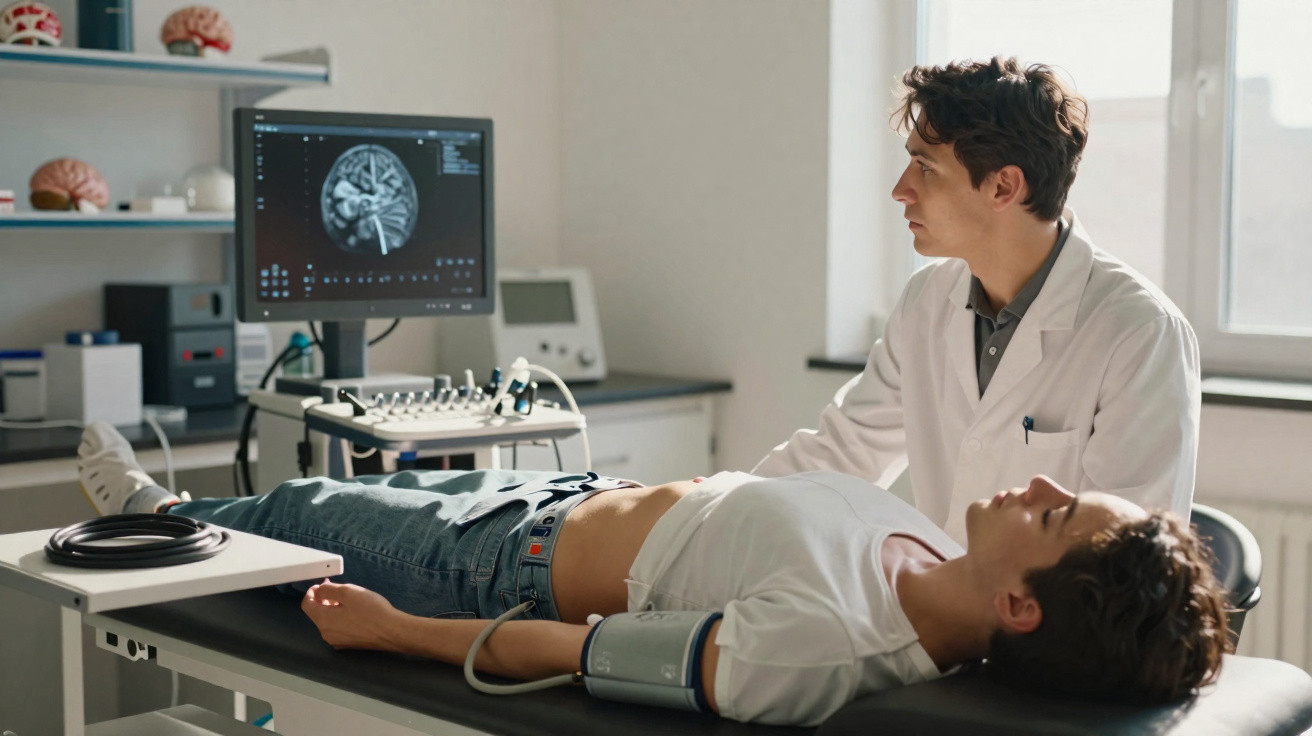 Médico analisa imagem cerebral no monitor enquanto paciente jovem está deitado, preparado para exame neurológico.
