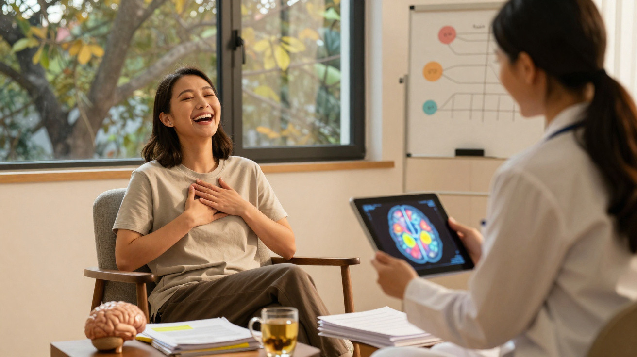 Paciente sorridente a conversar com médica que segura tablet com imagem do cérebro numa consulta.