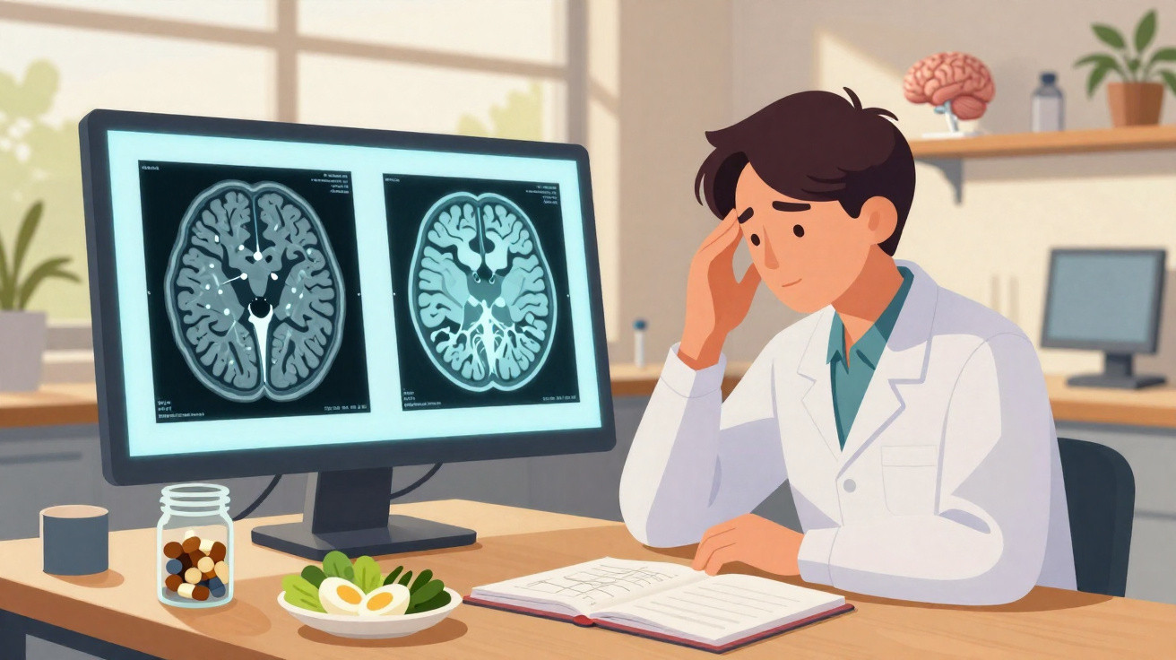 Médico sentado na mesa, preocupado, com imagens cerebrais no ecrã e alimentos saudáveis à frente.