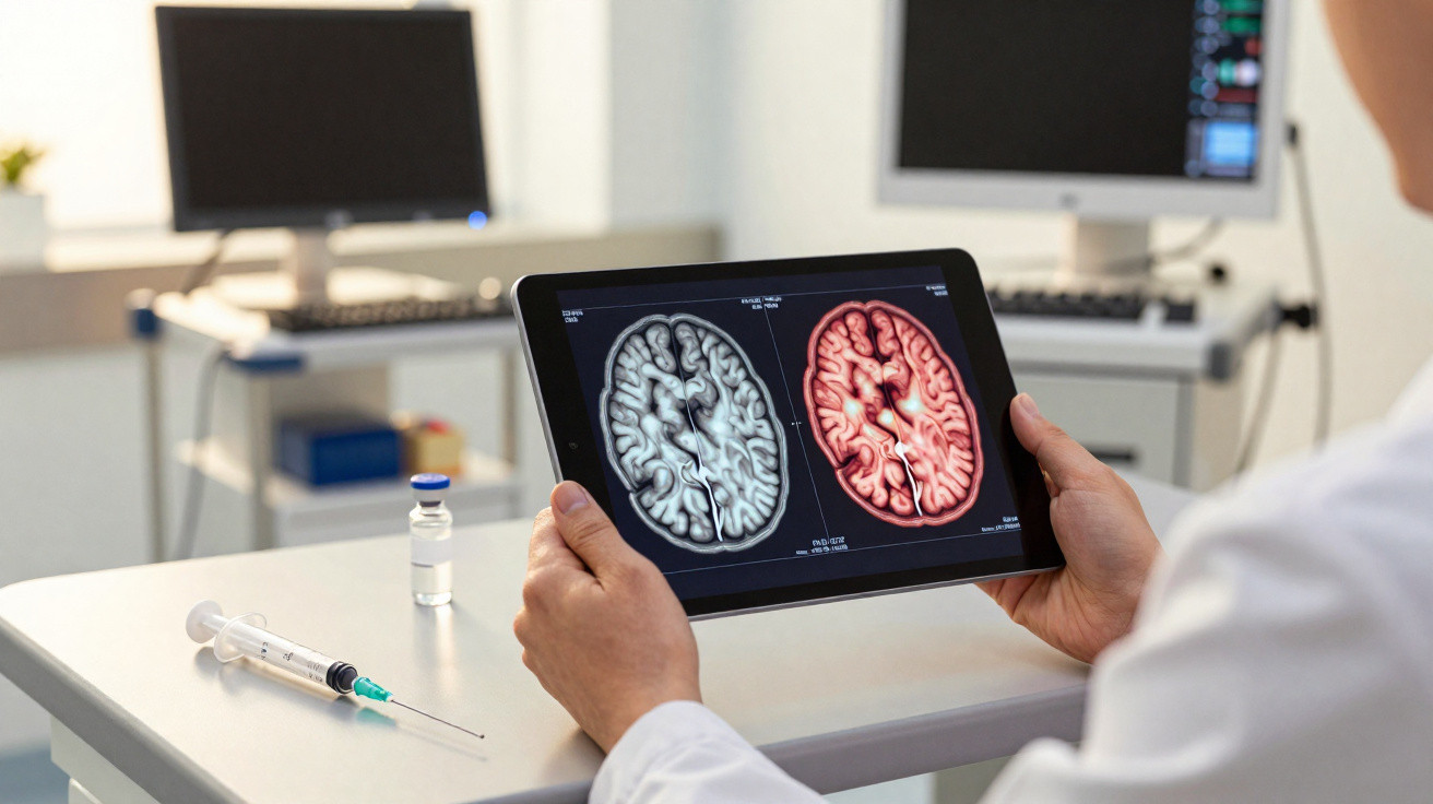 Médico a analisar imagens cerebrais num tablet, com seringa e frasco numa mesa no consultório.