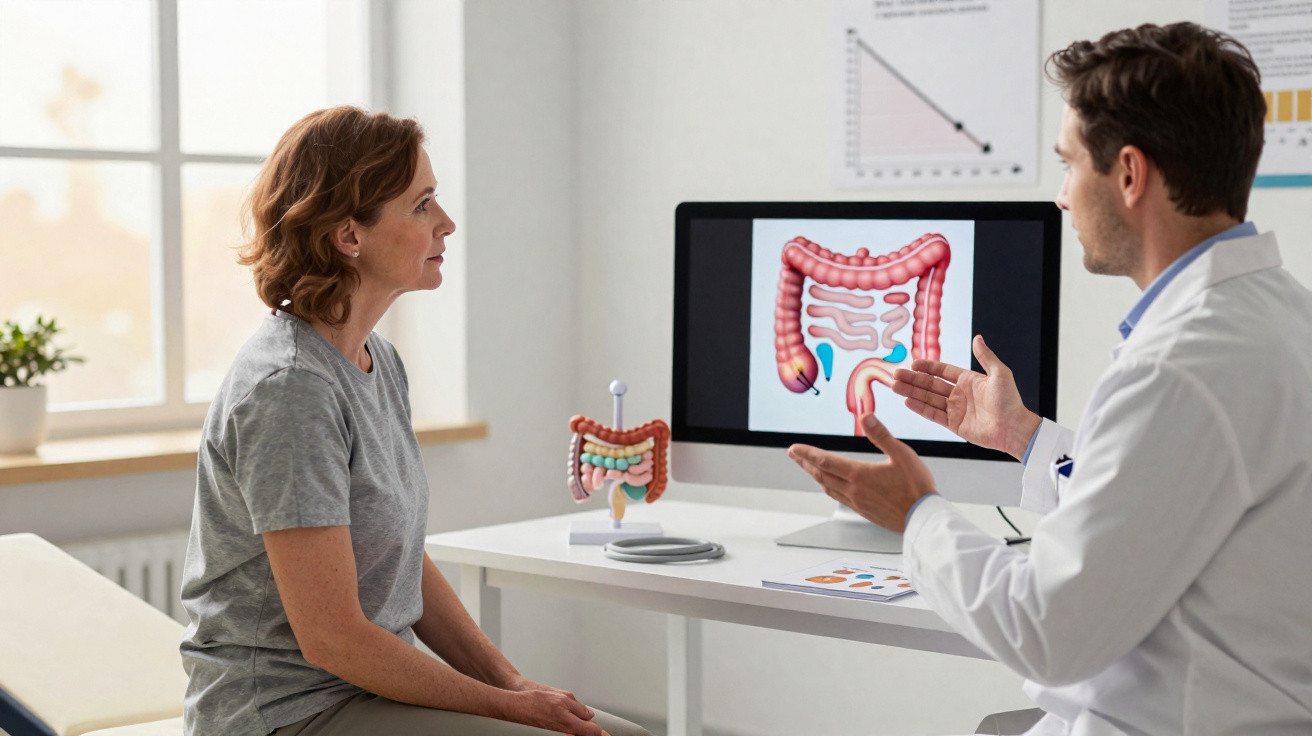 Médico consulta paciente e explica anatomia do intestino grosso com modelo e imagem no ecrã.