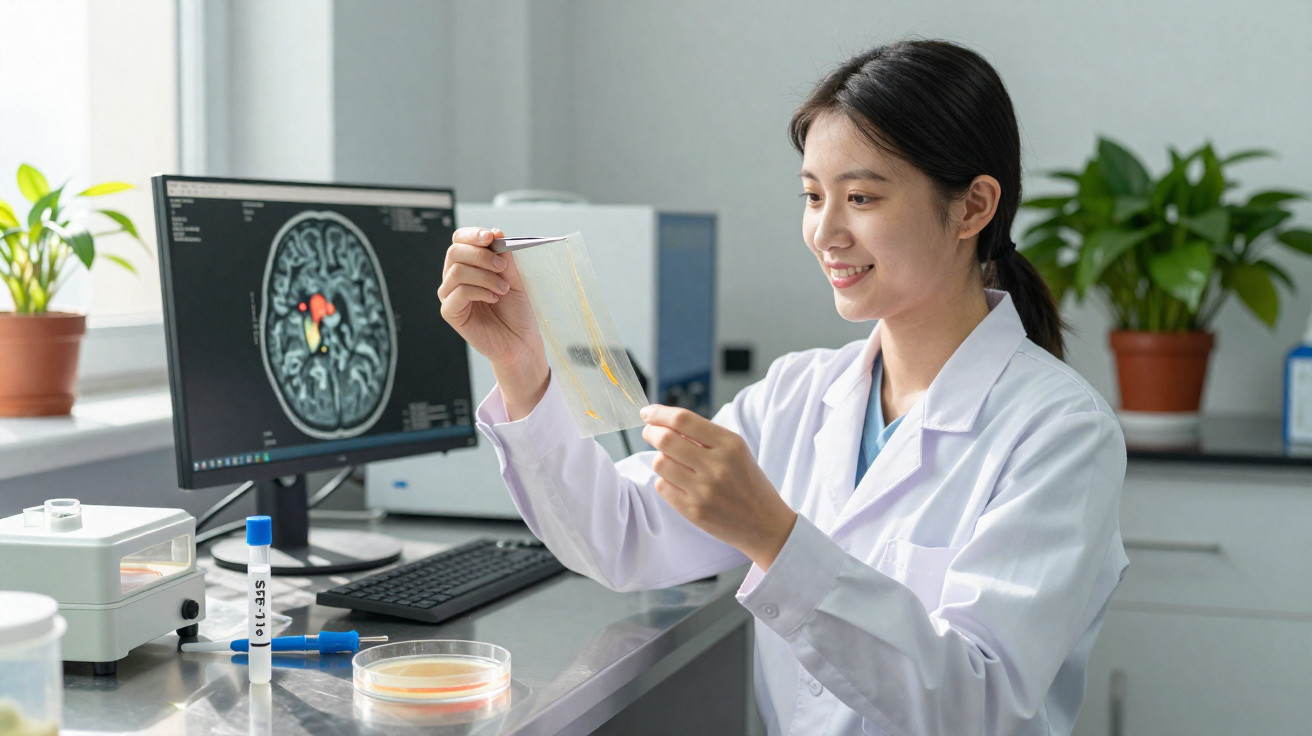 Cientista de bata branca analisa lâmina de amostra em laboratório com exame cerebral num ecrã ao fundo.