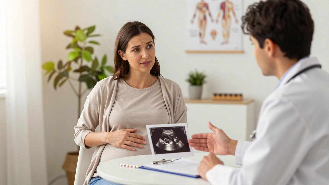 Mulher grávida consulta médico que lhe mostra o resultado de uma ecografia num consultório.