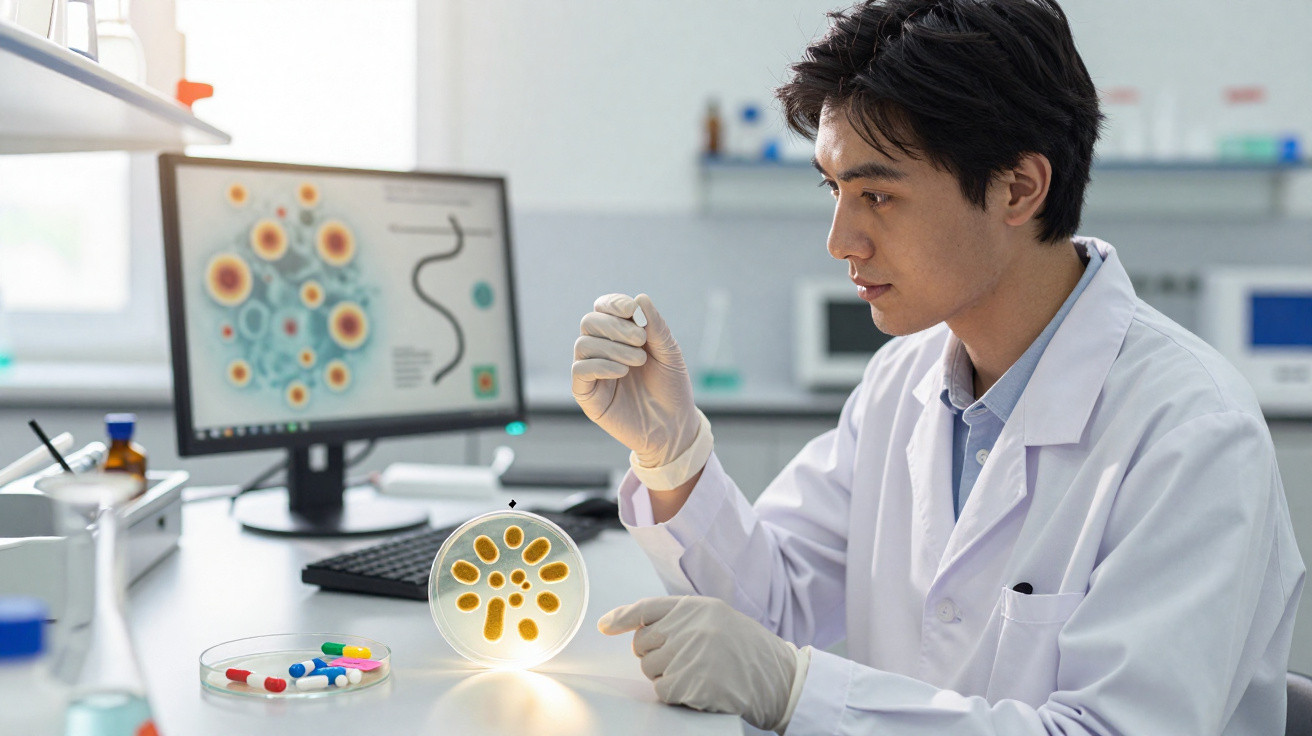 Cientista em laboratório a observar e analisar colónias de bactérias numa placa de Petri iluminada.