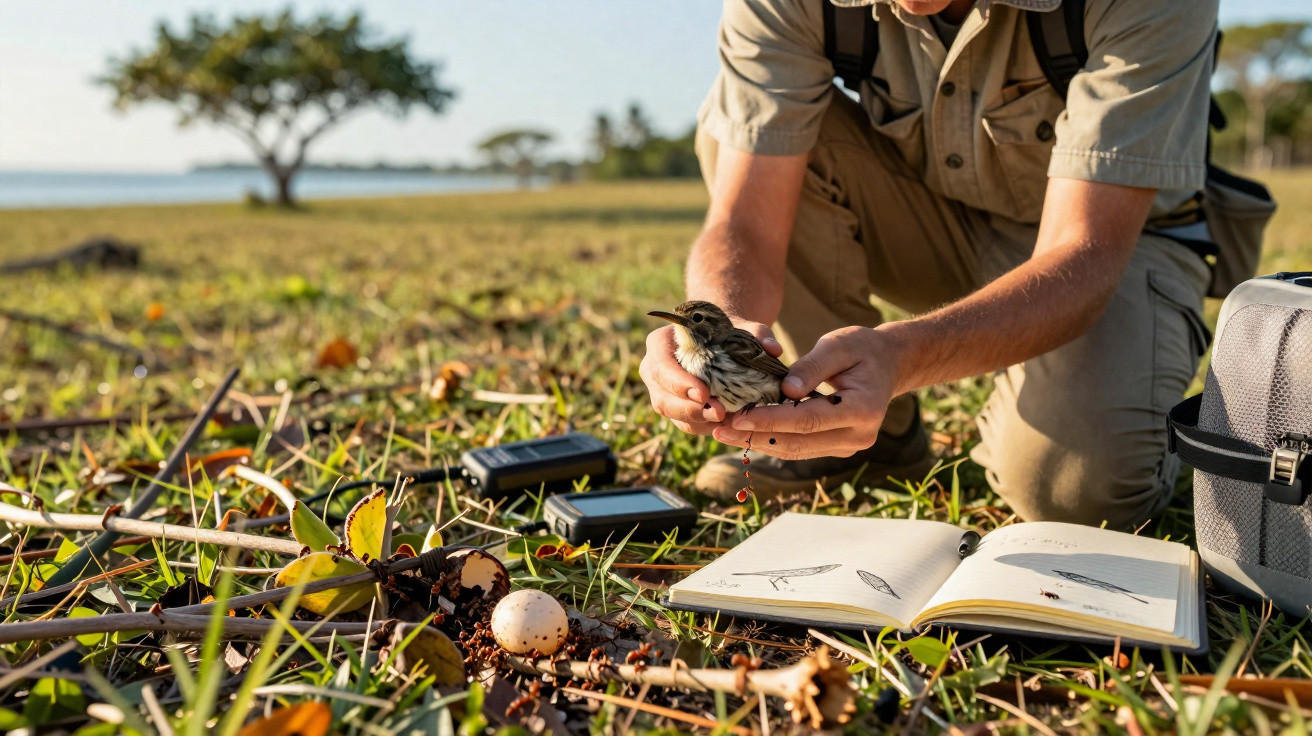 Pessoa segura um pássaro num campo aberto com caderno de desenhos de aves e equipamentos ao redor.
