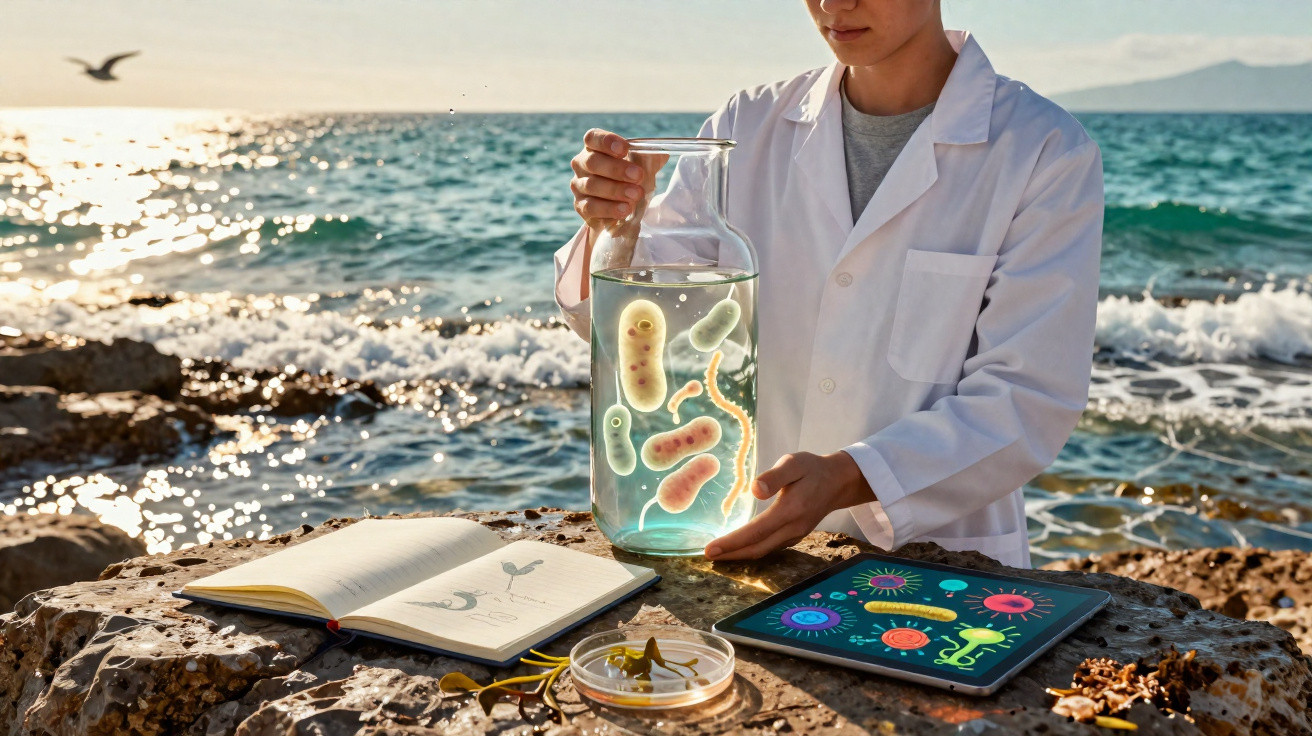 Cientista em bata branca segura frasco com microrganismos, junto a caderno e tablet, perto do mar ao pôr do sol.