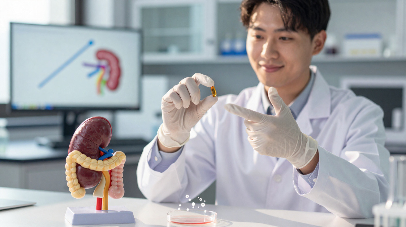 Cientista com bata branca e luvas examina cápsula ao lado de modelo anatómico do sistema digestivo.