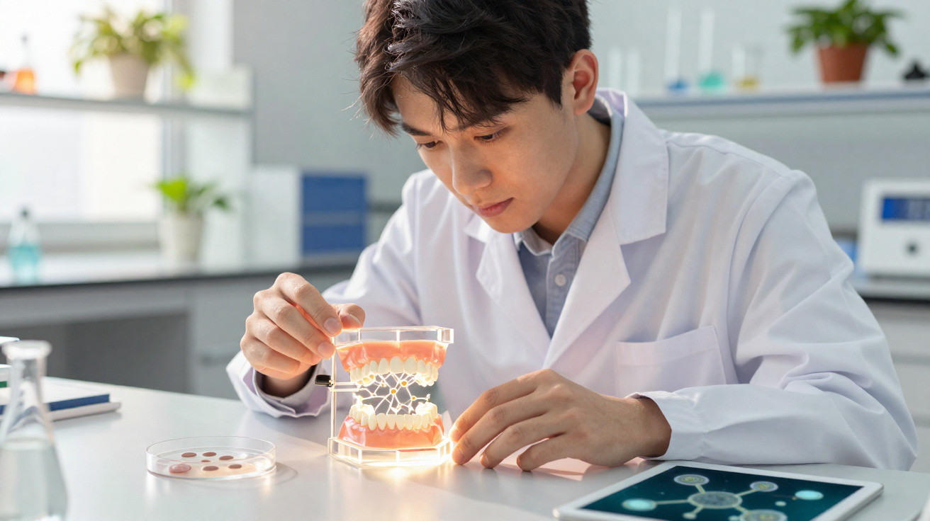 Homem com bata branca examina modelo de dentes transparentes numa mesa de laboratório.
