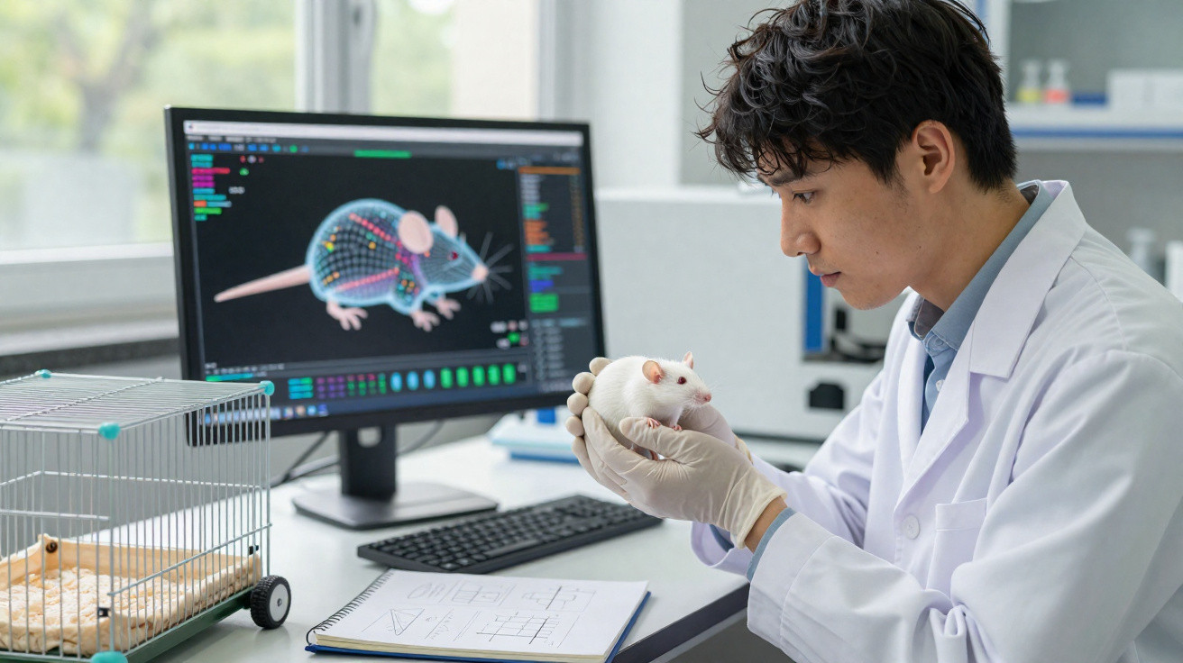 Cientista de laboratório a segurar rato branco, com rato em gaiola e modelo digital de rato no computador.