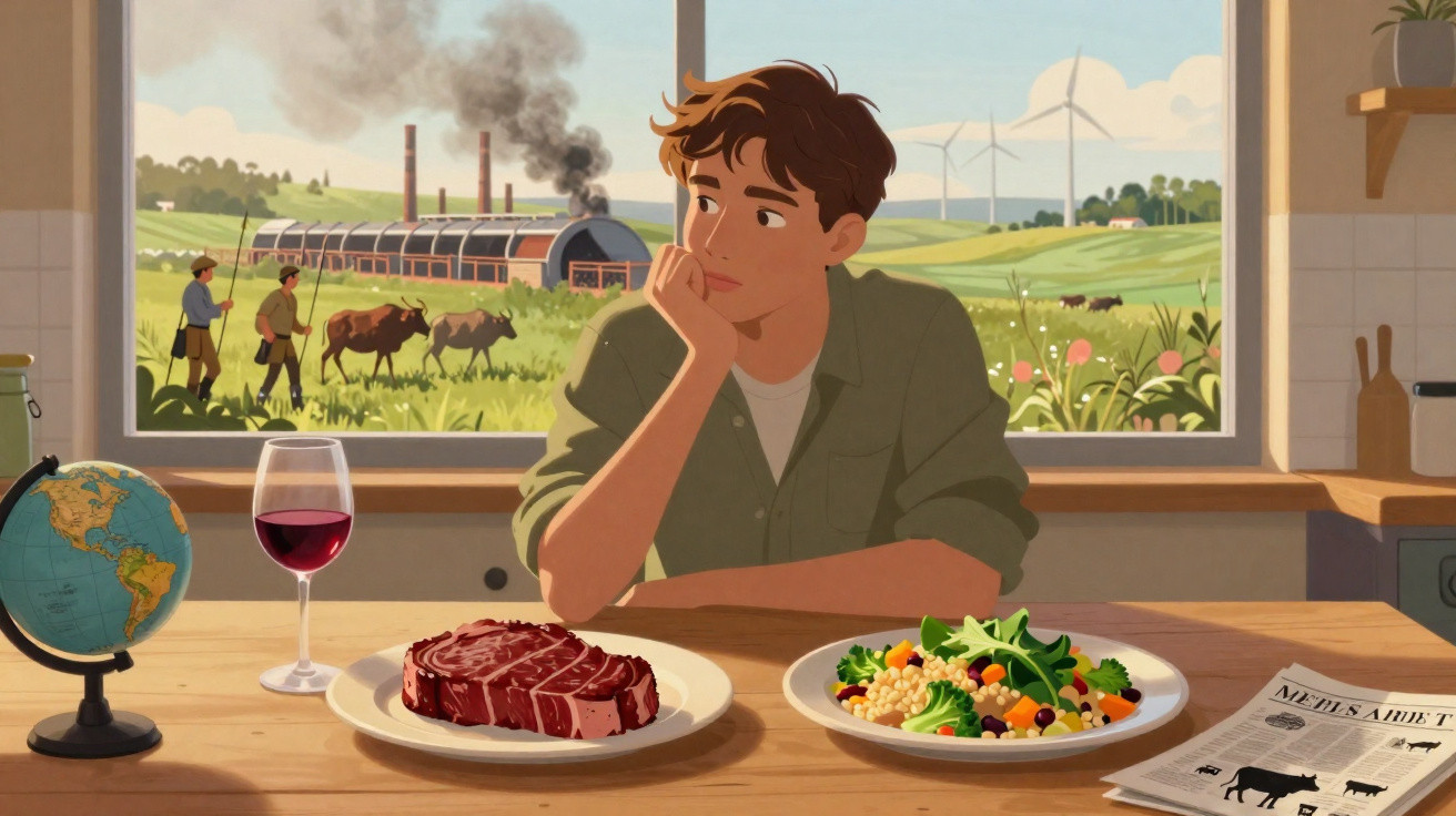 Jovem sentado à mesa com dois pratos, um com carne e outro com salada, a olhar pela janela para uma fábrica e vacas.