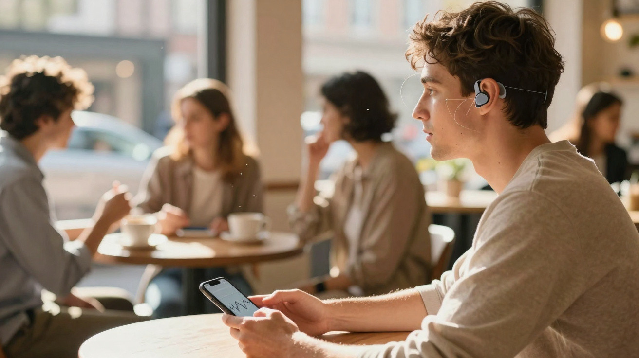 Jovem sentado numa cafetaria, a usar auriculares e a olhar para o telemóvel na mão.