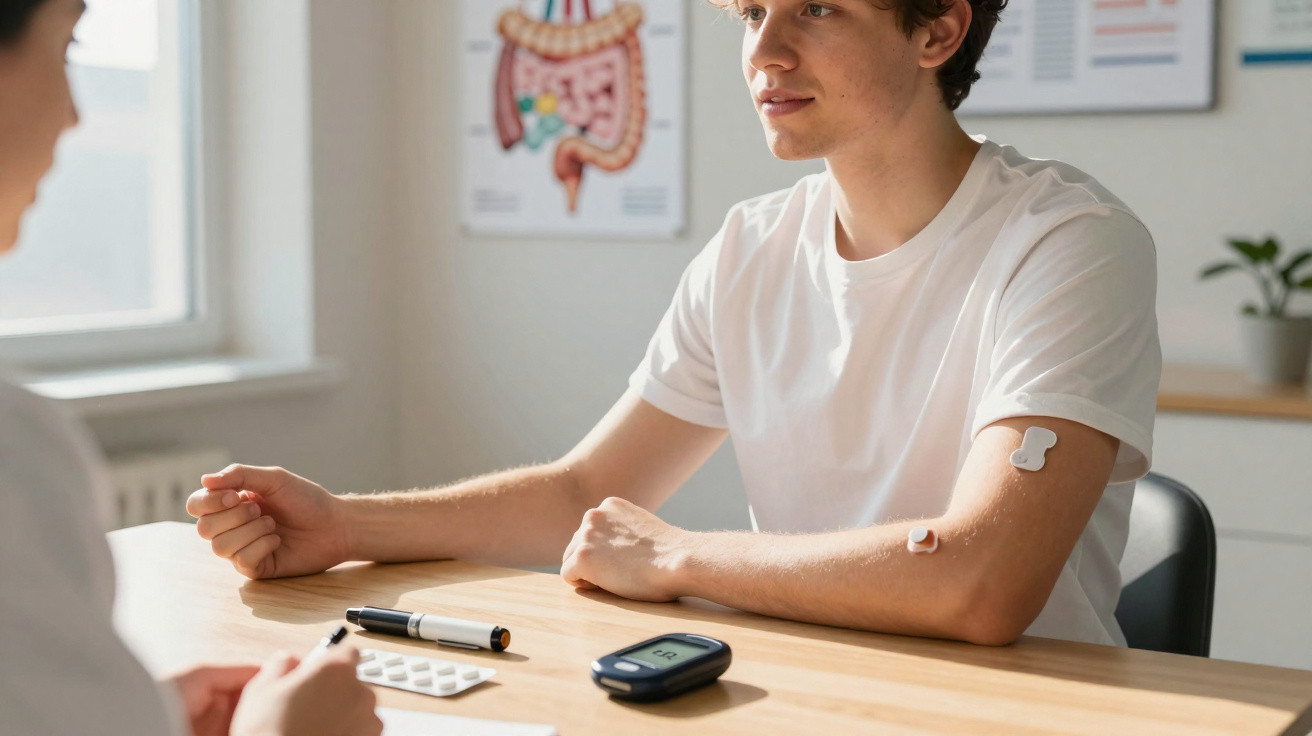 Jovem consulta médica com monitor de glicose e adesivos no braço para controlo da diabetes.