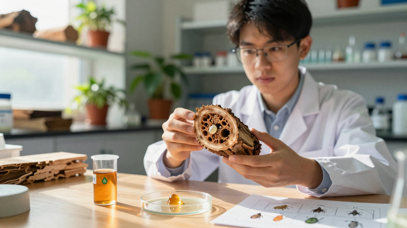 Cientista com bata branca analisa amostra de madeira oca em laboratório com plantas e frascos ao fundo.