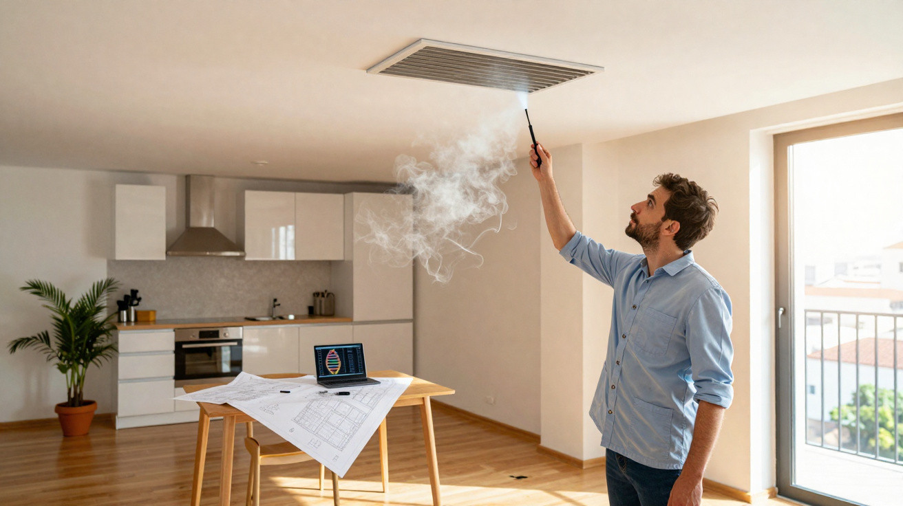 Homem a utilizar um objeto para verificar fumaça a sair de uma abertura no teto numa cozinha moderna.