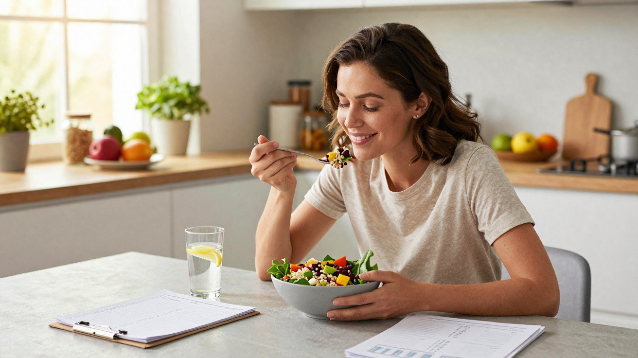Mulher sorridente a almoçar salada saudável na cozinha, vendo documentos com gráficos na mesa.