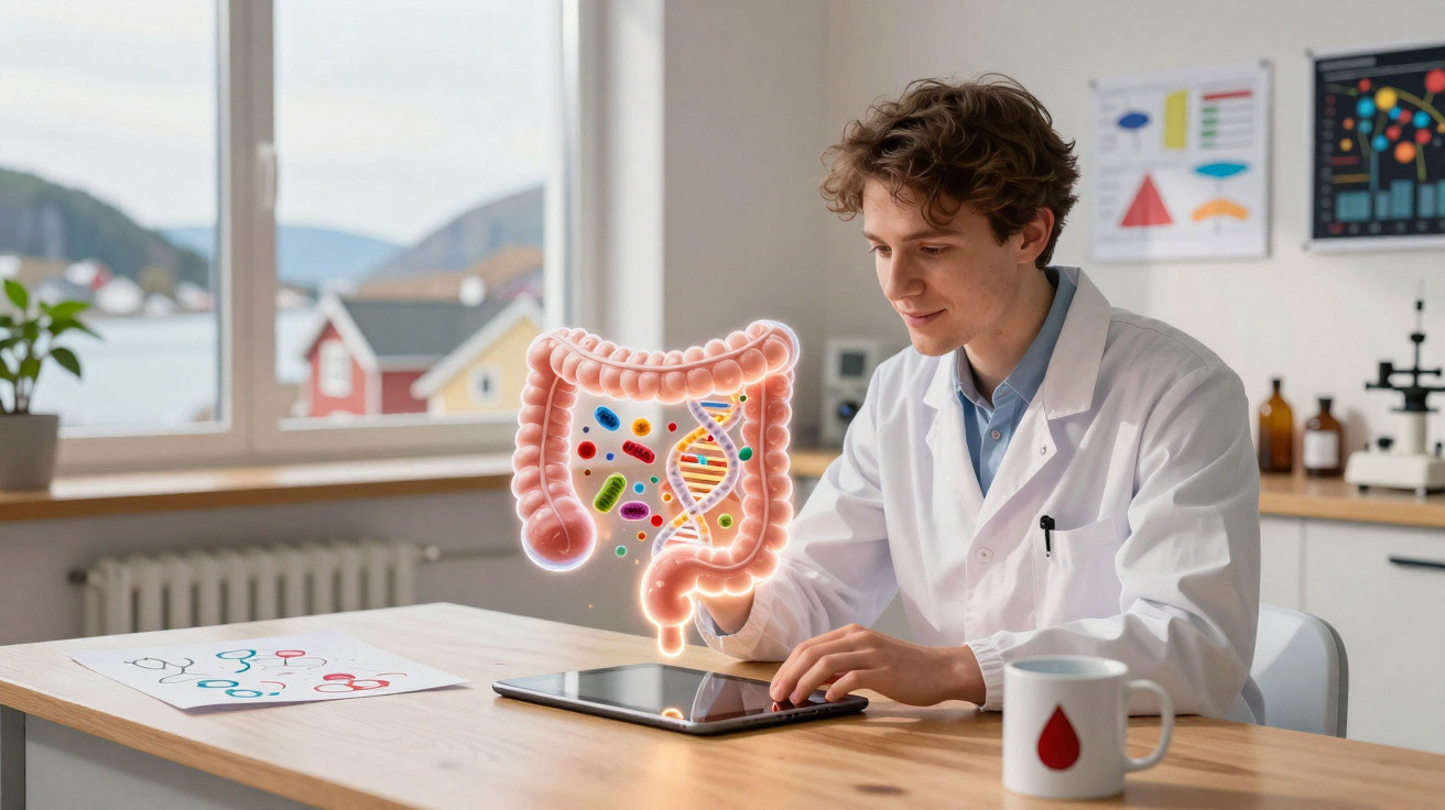 Homem com bata branca sentado à mesa a estudar microbioma intestinal num tablet com ilustração 3D.