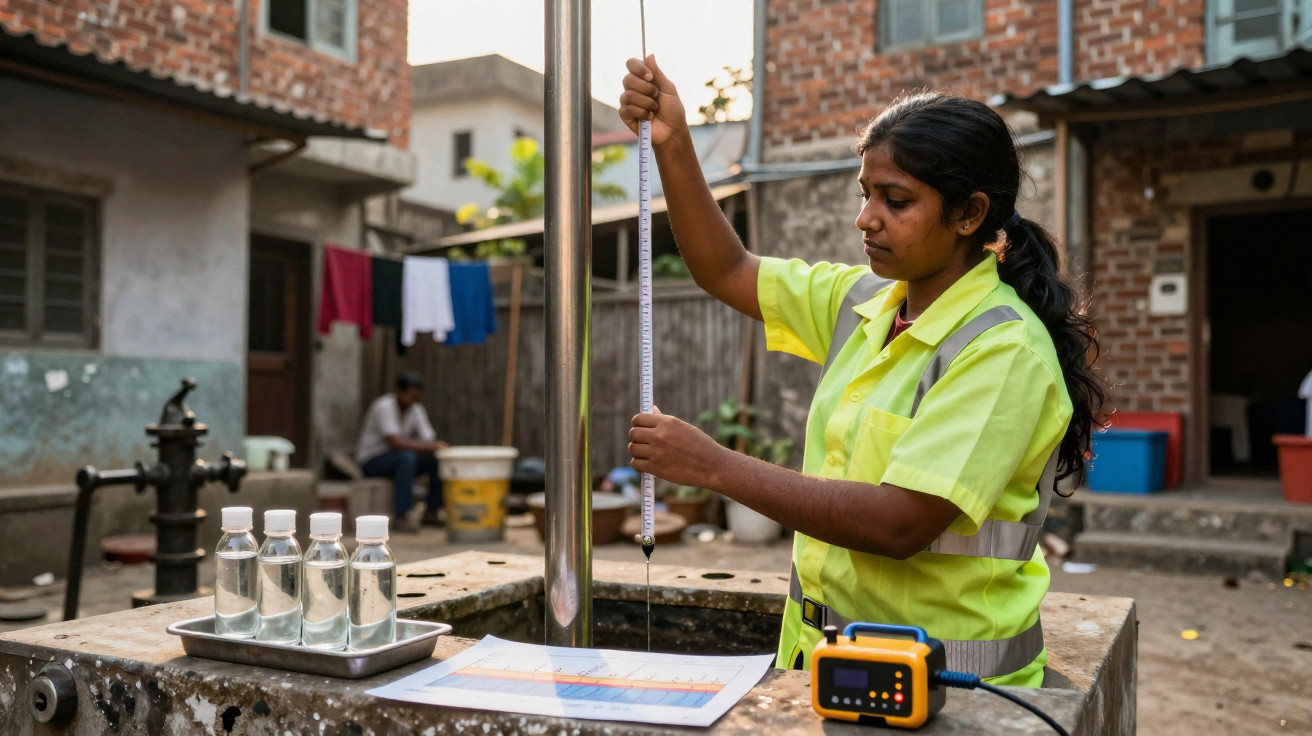 Técnica a medir a profundidade de um poço de água num bairro com casas simples ao fundo.