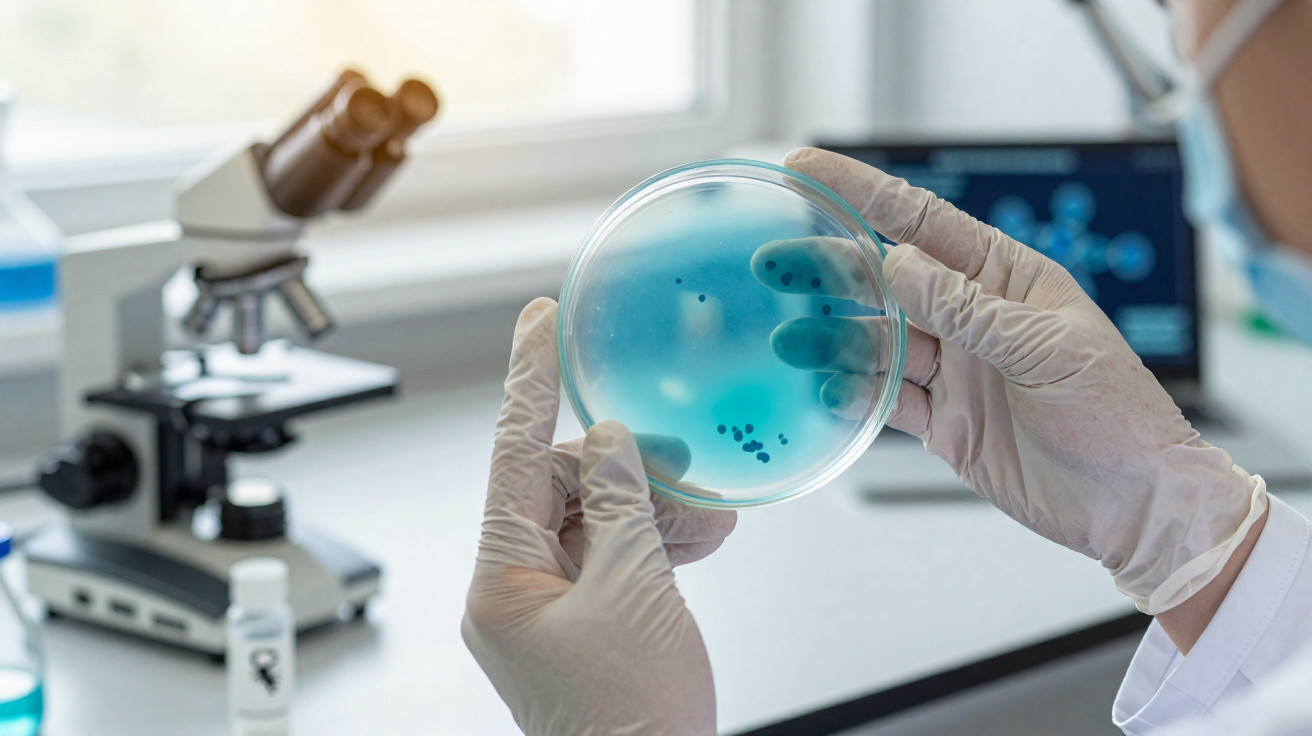 Mãos com luvas seguram placa de Petri com colónias de bactérias azuis num laboratório.