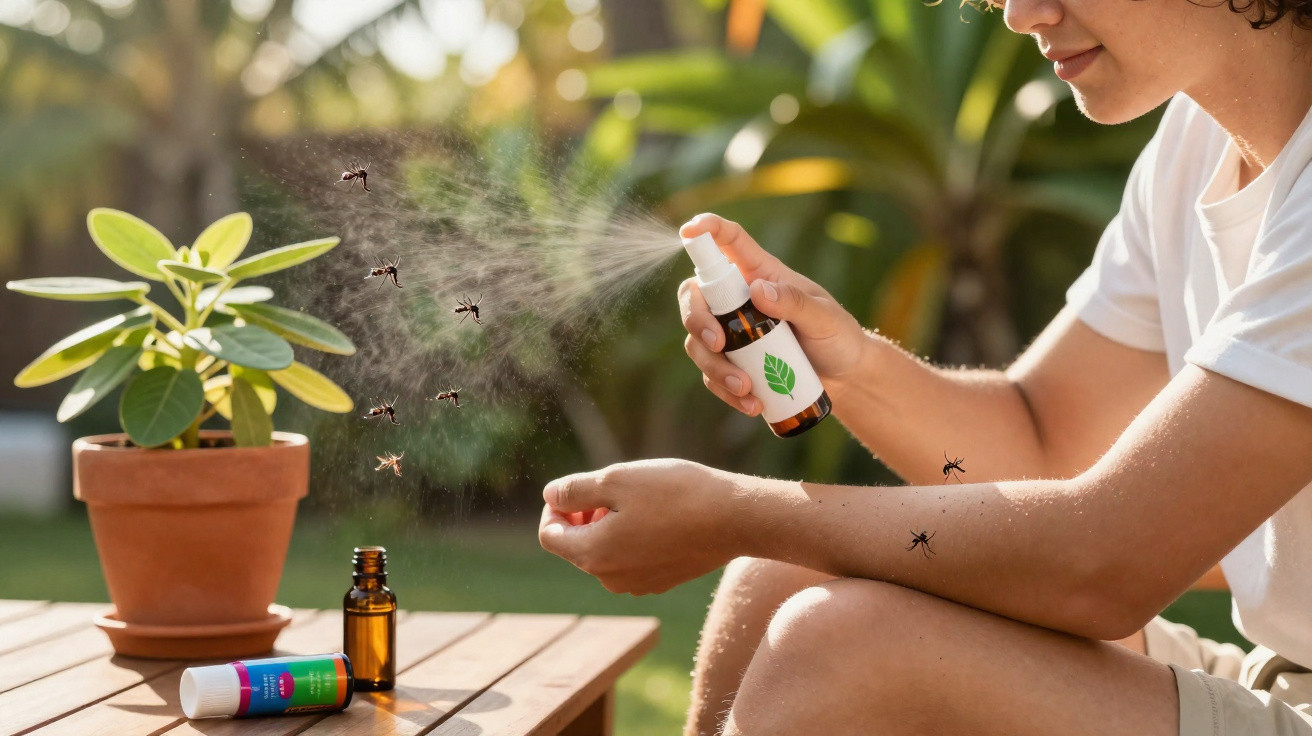 Pessoa a aplicar spray repelente de insetos no braço, com formigas visíveis a tentar subir.