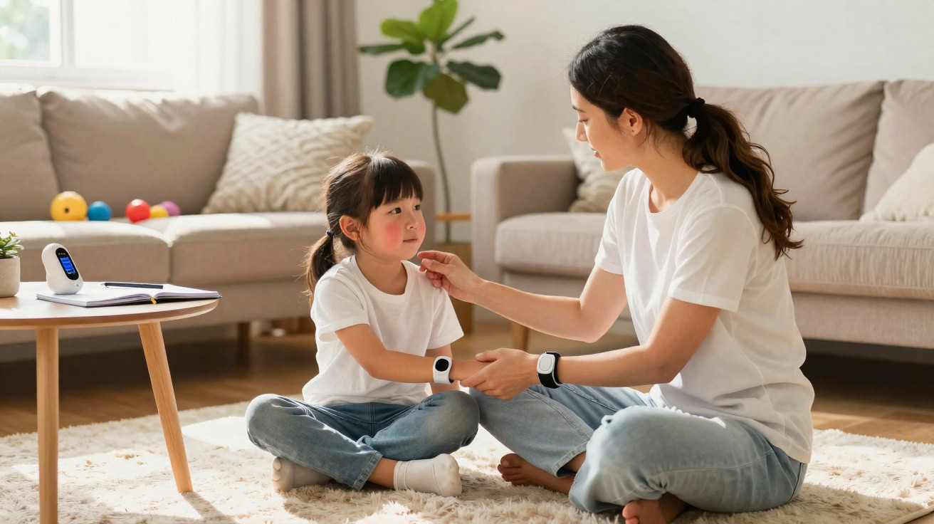 Mulher e menina sentadas no chão a conversar numa sala com sofá e mesa baixa ao fundo.