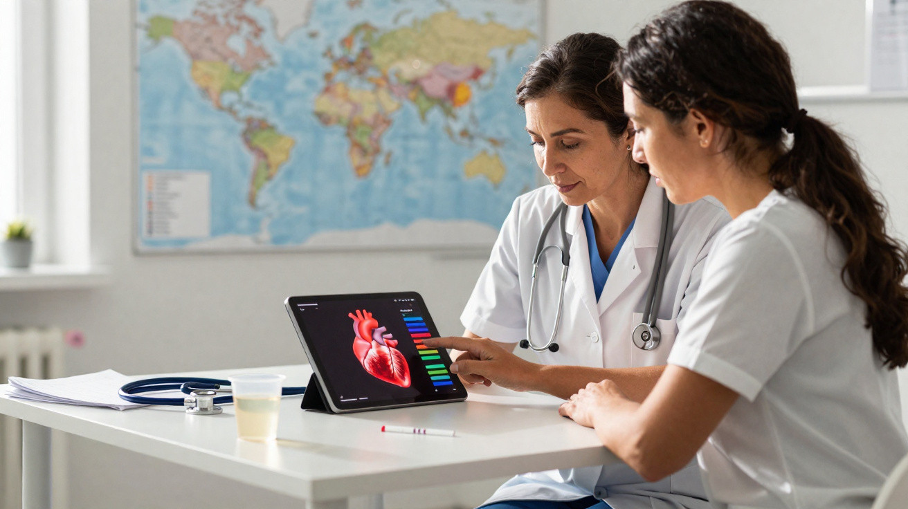 Médica a explicar o funcionamento do coração a paciente usando um tablet num consultório com mapa-mundo na parede.