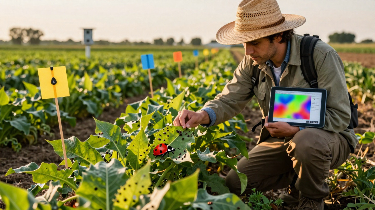 Agricultor com chapéu analisa folhas de planta com tablet digital num campo agrícola ao pôr do sol.