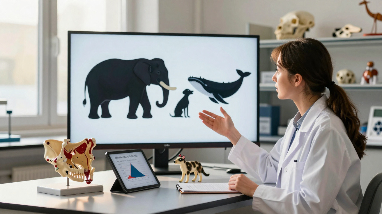 Investigadora em laboratório explica diferenças entre animais grandes mostrados em ecrã e modelos anatómicos na mesa.