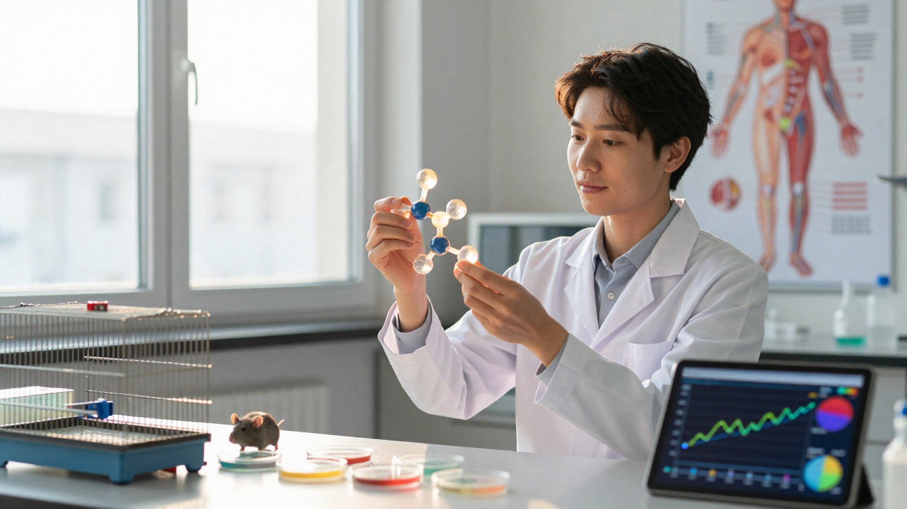 Cientista asiático em laboratório a analisar modelo molecular com rato perto e tablet com gráficos.