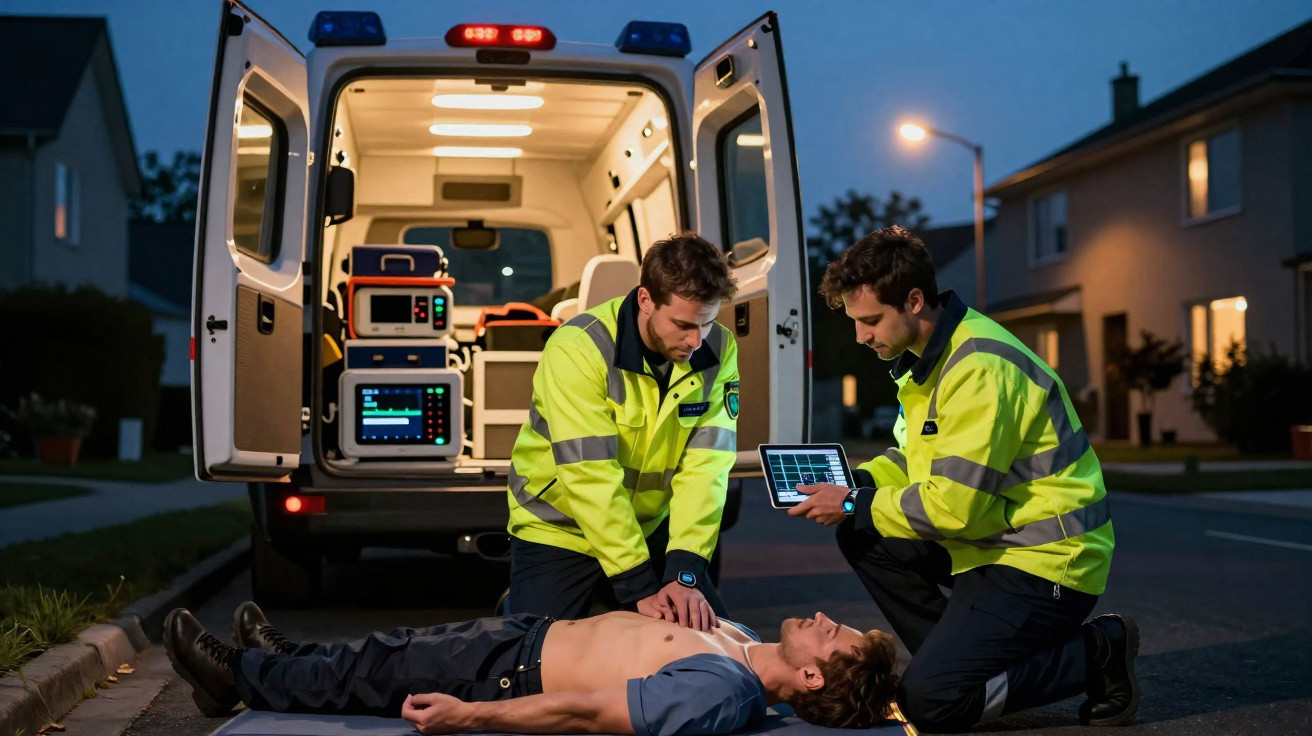 Paramédicos em coletes refletivos realizam reanimação cardiopulmonar em homem inconsciente na rua à noite.