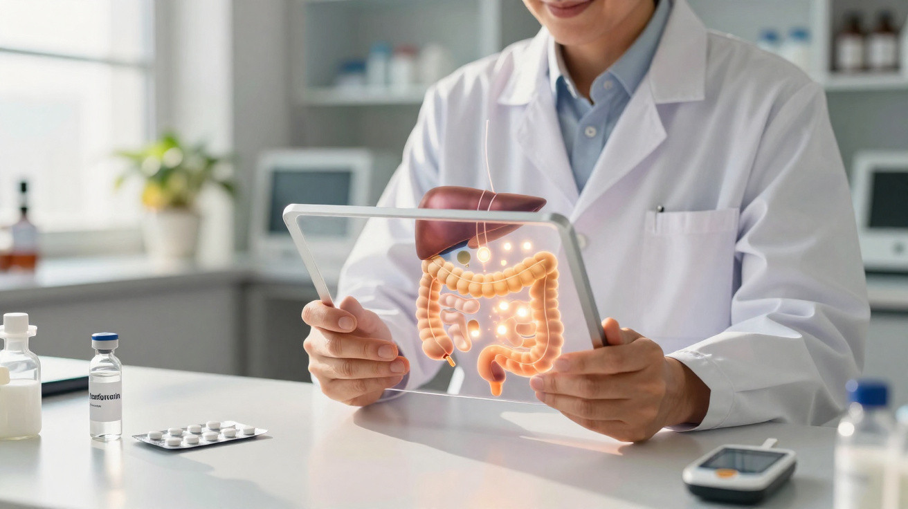 Médico em bata branca analisando imagem digital do sistema digestivo em tablet num consultório.
