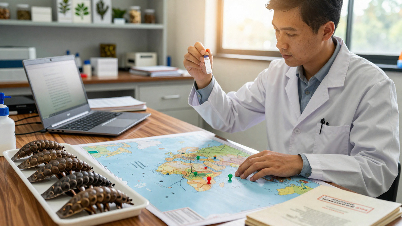 Cientista sentado à mesa analisa amostra e mapas com laptop e insetos empalhados ao lado numa sala iluminada.