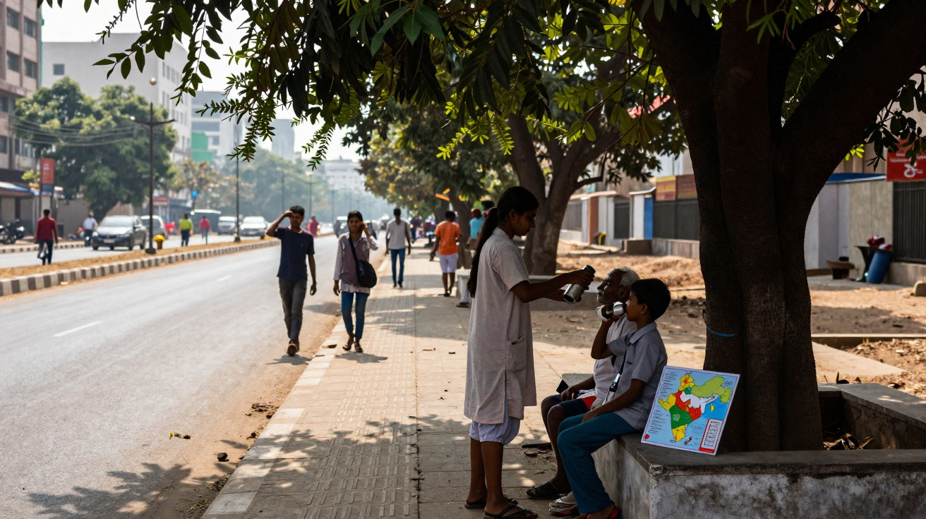 Rua com pessoas a caminhar e crianças a beber água sob a sombra de uma árvore num dia soalheiro.