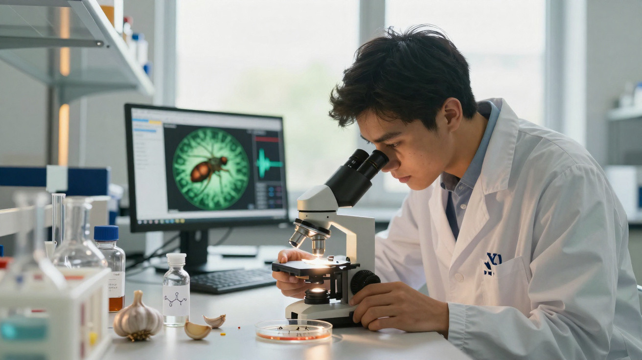 Cientista em laboratório a observar uma amostra no microscópio com imagem digital de inseto no ecrã.