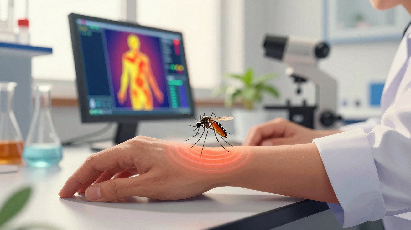 Mosquito a pousar no braço de pessoa em laboratório com ecrã a mostrar corpo humano.