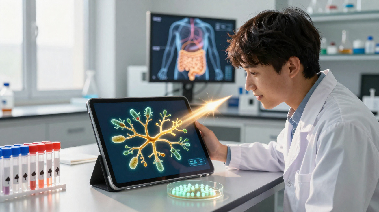 Cientista observa modelo digital de neurónio com bactérias num tablet em laboratório moderno.