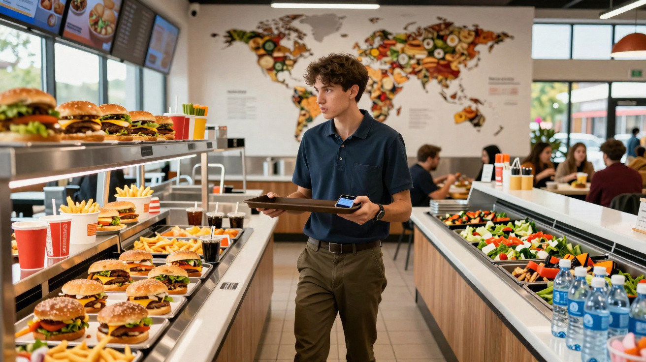 Jovem com bandeja escolhe comida em restaurante self-service com hambúrgueres, batatas e saladas.