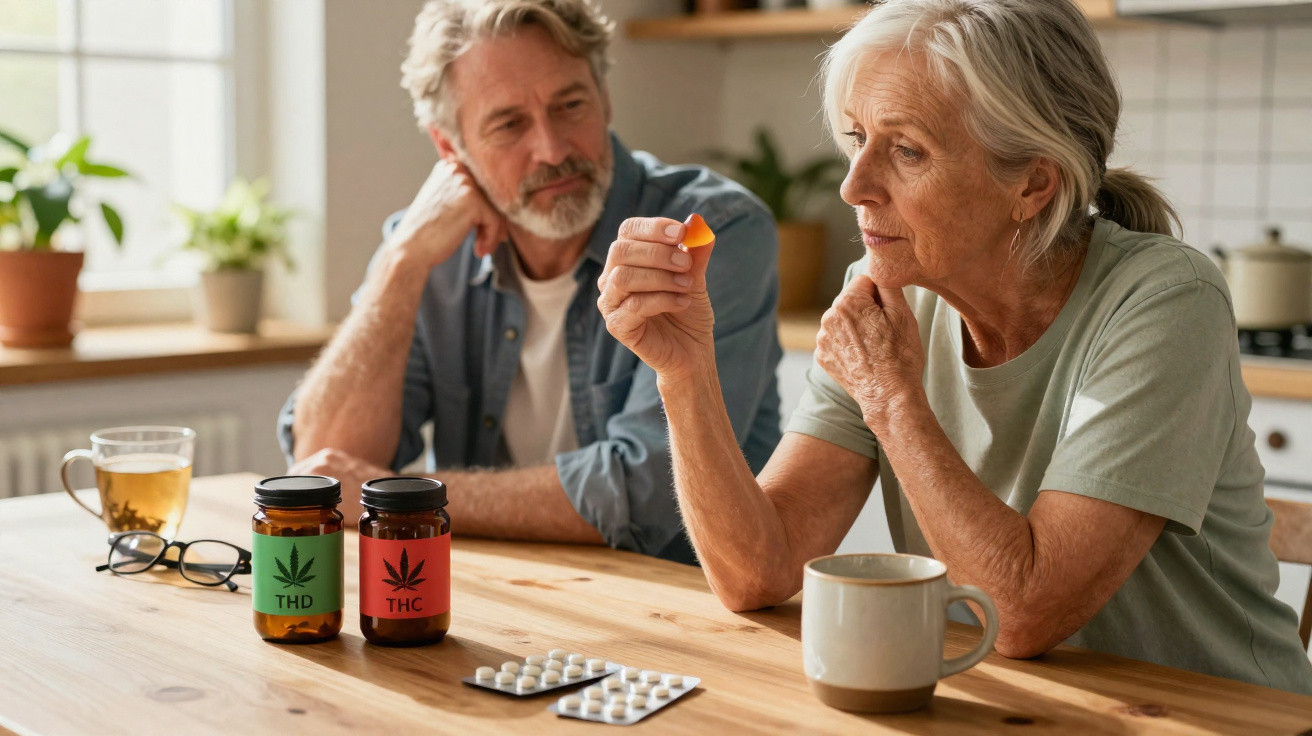 Casal idoso sentado à mesa com frascos de suplementos de THC e THD, comprimidos e chá.