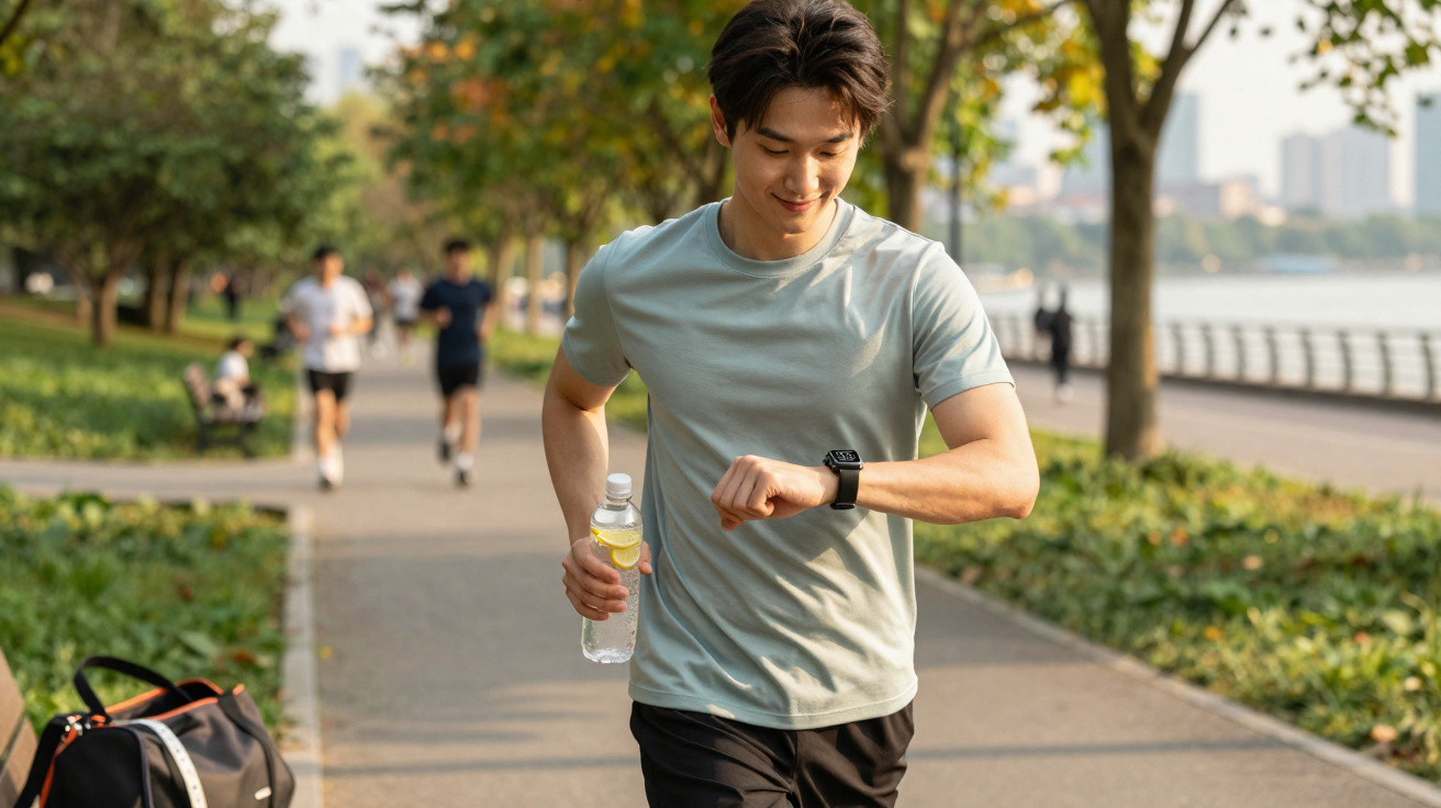 Homem a correr num parque urbano com garrafa de água, a olhar para o relógio no pulso.