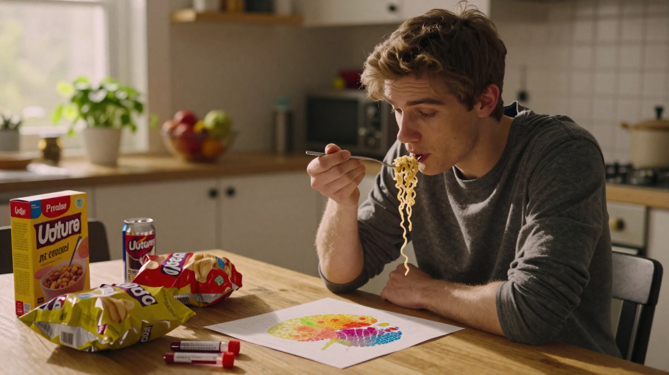 Homem sentado à mesa na cozinha a comer noodles com produtos de snacks e desenho colorido na mesa.