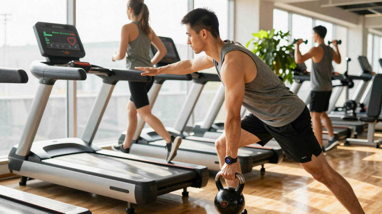 Homem a fazer exercício com kettlebell numa sala de ginásio com passadeiras e outras pessoas a treinar.